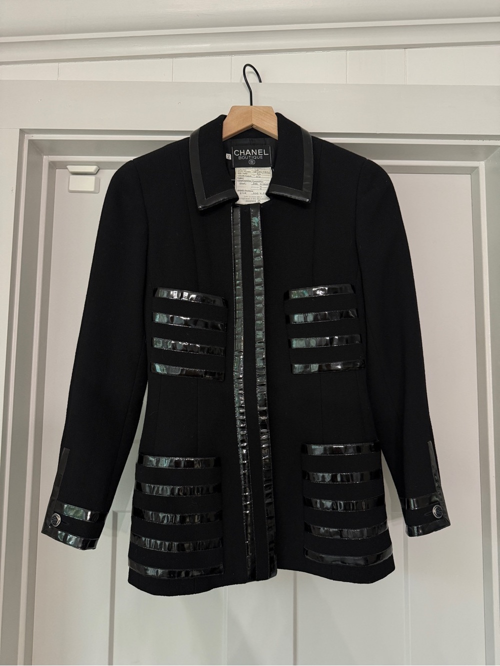 CHANEL Black Military-Style Patent Trim Jacket